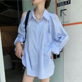 Long Sleeve Off Shoulder Striped Shirt Stripe - Blue - One Size