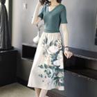 Set: V-neck Short-sleeve Knit Top + Flower Print Midi A-line Skirt