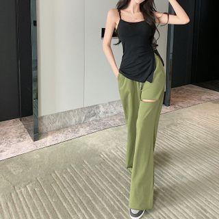 Spaghetti Strap Split Hem Top / High Waist Wide Leg Ripped Sweatpants