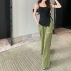 Spaghetti Strap Split Hem Top / High Waist Wide Leg Ripped Sweatpants