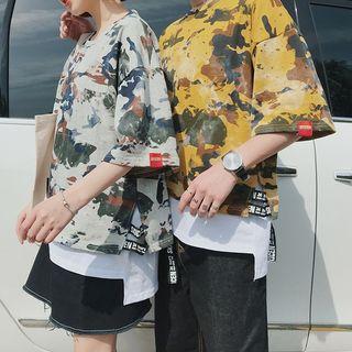 Couple Matching Elbow-sleeve Camo Print T-shirt