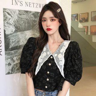 Puff-sleeve Lace Crop Blouse
