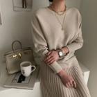 Round-neck Batwing-sleeve Knit Top Light Beige - One Size