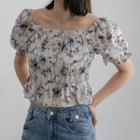 Square-neck Smocked Printed Cropped Blouse Blue - One Size