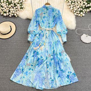 Stand Collar Printed A-line Maxi Dress