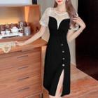 Short-sleeve Lace Paneled Slit-hem A-line Dress
