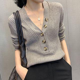 V-neck Half-button Long-sleeve Knit Top