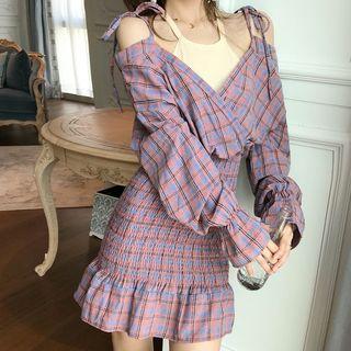 Mock Two-piece Cold-shoulder Plaid Minidress