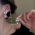 Flower Rhinestone Chained Asymmetrical Dangle Earring 1 Pair - Asymmetric - Gold & White - One Size