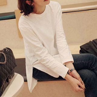 Plain Long-sleeve Slit-side T-shirt