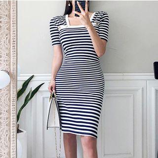 Short-sleeve Striped Rib Knit Dress