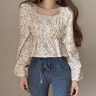 Long-sleeve Floral Print Lace Trim Cropped Blouse
