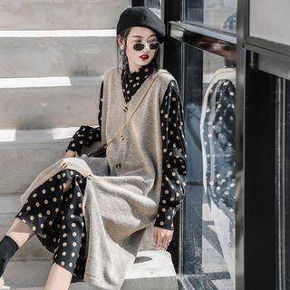 Set: Long-sleeve Print Midi Dress + Sleeveless Midi Knit Dress