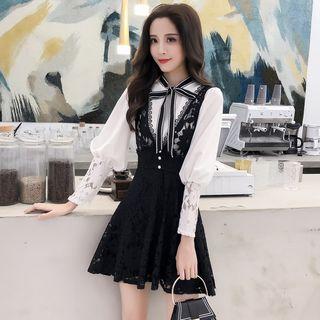 Set: Lantern-sleeve Blouse + Lace Mini A-line Pinafore Dress