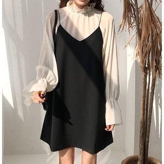 Frilled Trim Collar Chiffon Top / Spaghetti-strap V-neck Dress