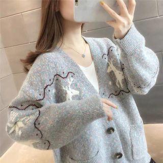 V-neck Reindeer Print Cardigan