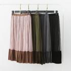 Velvet Panel Pleated Mesh Long Skirt
