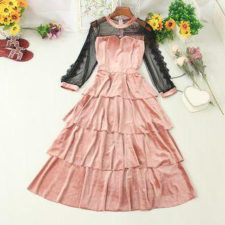 Mesh Panel 3/4-sleeve Layered Midi Velvet Dress