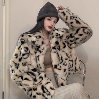 Turtleneck Printed Leopard Faux Shearling Zip Oversize Jacket Black - One Size