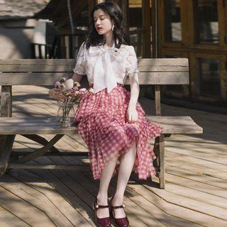 Set: Lace Short-sleeve Blouse + Gingham Midi A-line Skirt