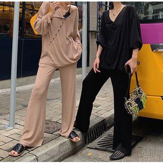 Buttoned Short-sleeve Knit Top / High-waist Wide-leg Pants