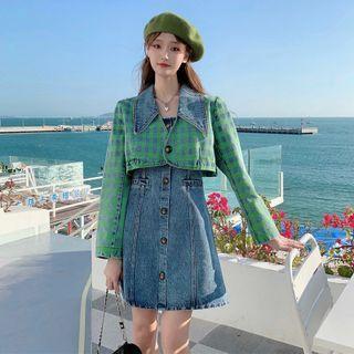 Cropped Plaid Denim Jacket / Sleeveless Dress