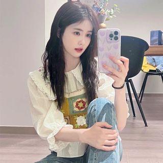 Elbow-sleeve Floral Embroidered Blouse / Crop Tank Top / Set