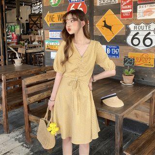 Puff-sleeve Puff-sleeve Checked A-line Dress