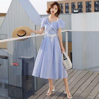 One Shoulder Ruffled Striped Midi Dress