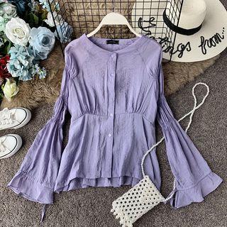 Bell-sleeve Slim-cut Plain Blouse