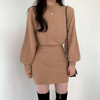 Long-sleeve Mock-neck Cable Knit Panel Mini Sheath Dress