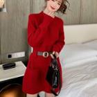 Long-sleeve Mini Knit Dress Red - One Size
