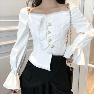 Buttoned Off-shoulder Bell-sleeve Slim-fit Top / Mesh Asymmetric Skirt