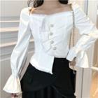 Buttoned Off-shoulder Bell-sleeve Slim-fit Top / Mesh Asymmetric Skirt