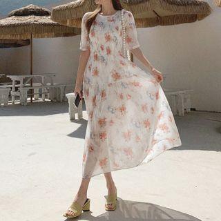 Smocked-panel Floral Print Chiffon Dress Ivory - One Size