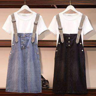 Set: Short-sleeve T-shirt + Glitter Strap Denim Dungaree Dress