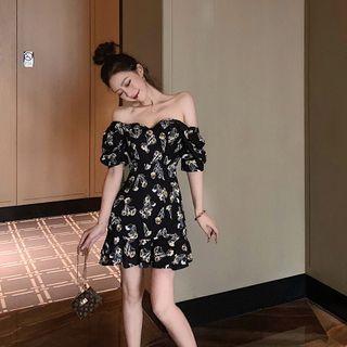 Short-sleeve Floral Print Off-shoulder Mini Dress