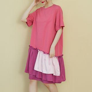 Contrast Color Ruffle Trim Short-sleeve Midi A-line Dress