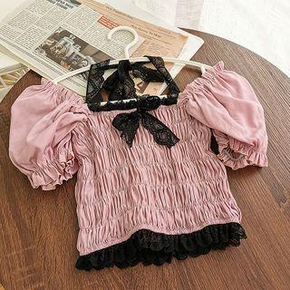 Puff-sleeve Shirred Lace Trim Top
