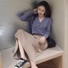 Set: Plain V-neck Cardigan + Button-detail Midi A-line Skirt