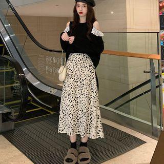 Eyelet Trim Cold-shoulder Long-sleeve Top / Leopard Print Midi A-line Skirt