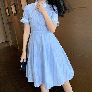 Striped Lace Trim Short-sleeve A-line Dress