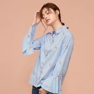 Long-sleeve Ruffle Embroidery Striped Blouse