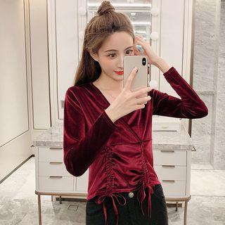 Drawstring V-neck Long-sleeve Velvet Top