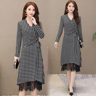 Houndstooth Long-sleeve Lace Hem A-line Midi Dress