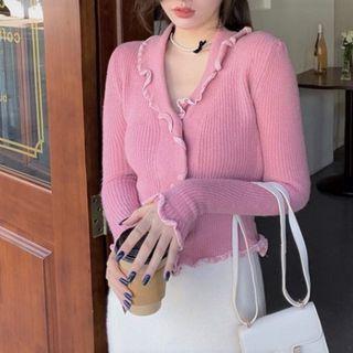 Long-sleeve Ruffle Knit Top Pink - One Size
