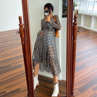 Ruffle-trim Floral Long Wrap Dress Green - One Size