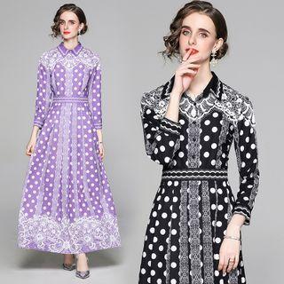 3/4-sleeve Dotted Maxi A-line Dress