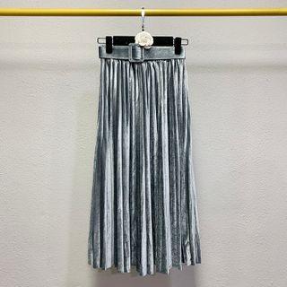 Accordion Pleat Midi A-line Velour Skirt