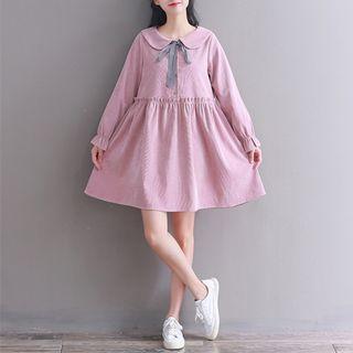 Ribbon Accent Long-sleeve Peter Pan Collar Corduroy Dress